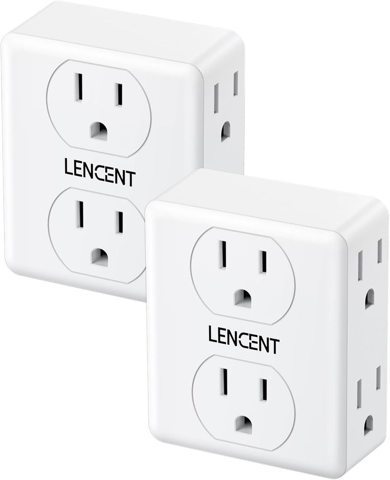 Lencent 2 to 3 Prong Outlet Adapter, 2 Pack 2 Prong Power Strip, 6 Widely Spaced Sockets Extender, 3-Sided Wall Plug Splitter, 1875W Max, Compact Wall tap for Non-Grounded Outlets in Old House Hotel - Image 1